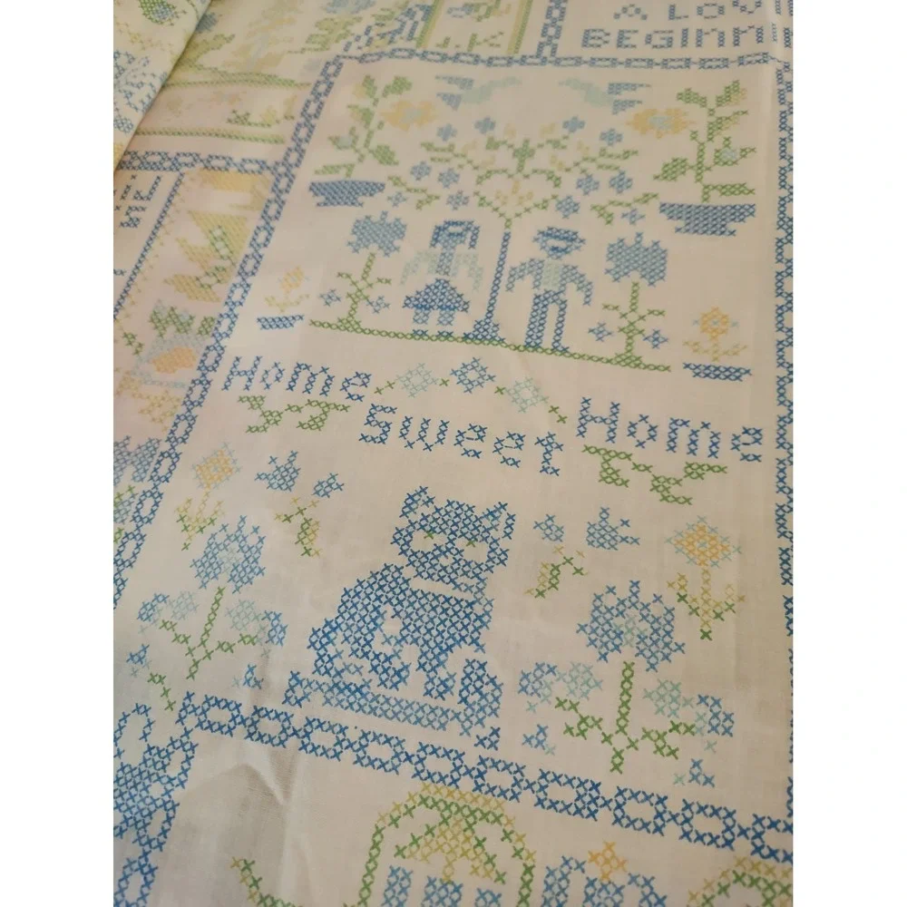 Vtg 70's Perma-Prest Full Flat Sheet Faux Cross Stitch Cottagecore Country